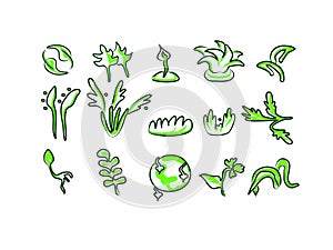 Leaf plant logo, nature ecology green leaves and welness people. Hand drawing. Beauty spa, simple symbol icon set of vector design