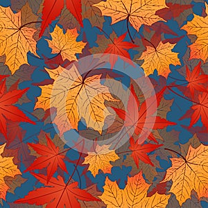 . Leaf seamless pattern, vector background. Autumn yellow and red leaves on a blue . For the design of wallpaper, fabric