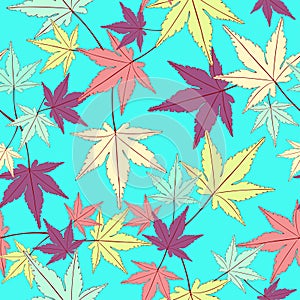 Leaf seamless pattern, vector background. Multicolored abstract leaves on a blue . For the design of wallpaper, fabric