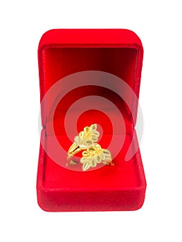 Leaf shape gold ring in red velvet box isolated on white background, Save with clipping path