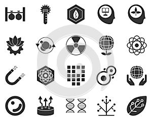 Leaf, smart, farm. Bioengineering glyph icons set. Biotechnology for health, researching, materials creating. Molecular biology,