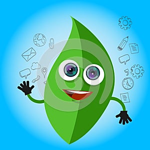 Leaf smile cartoon character green eco big eyes mascot hands