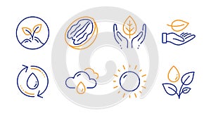 Leaf, Sunny weather and Rainy weather icons set. Refill water, Fair trade and Startup signs. Vector