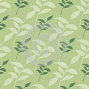 Leaf vintage silhouettes seamless doodle pattern. Pastel green background. Floral simple artwork