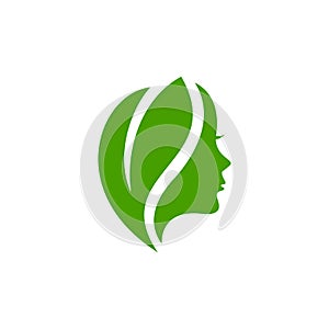 Leaf and women face logo concept vector stock icon illustratio. Beauty logo. Spa logo. Salon. Cosmetic. Makeup. Nature. Green photo