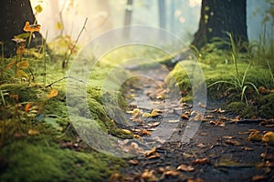 leafcovered forest trail with morning dew