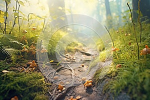 leafcovered forest trail with morning dew