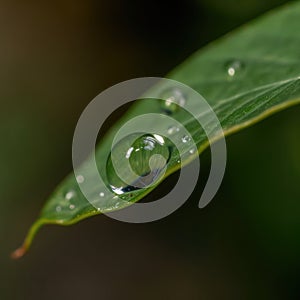 Detail of water droplets on green plant leaf with reflections in water drops.