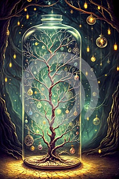 A Leafless Tree Encased in a Jar Amidst Alchemical Symbols in a Fantastic Forest. AI generated