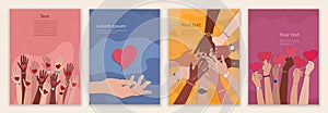 Leaflet - cover with group of volunteer diversity people. Hand up holding a heart in their hand. Editable poster template. Charity