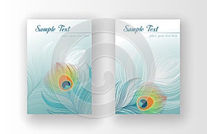 Leaflet with green and white peacock feathers, vector design of cover