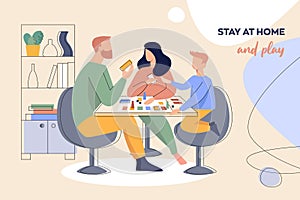 Leaflet layout with the concept of family time and social distance. Family playing a board game flat vector illustration