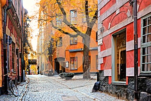 Leafy corner of Gamla Stan, the Old Town of Stockholm, Sweden during autumn