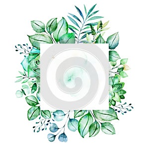 Leafy frame border with succulent plants,palm leaves,branches
