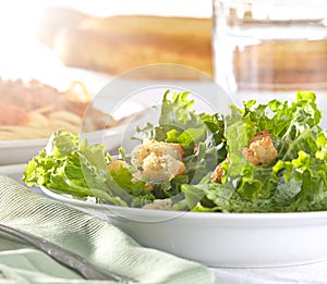 Leafy green salad with croutons