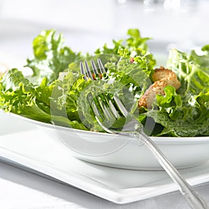 Leafy green salad with croutons and fork