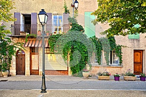 Leafy house fronts with shuttered windows, Provence, France