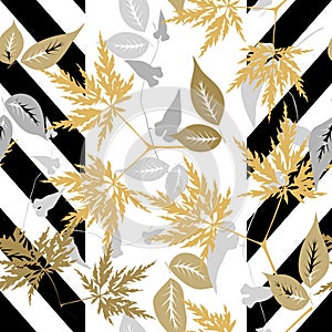 Leafy seamless pattern. Autumn leaves striped vector background. Branches and leaves colorful ornaments. Repeat backdrop with