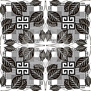 Leafy seamless pattern. Black and white geometric greek style vector background. Repeat floral backdrop. Modern abstract ornaments