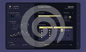 League table game competitions on dashboard admin panel interface with dark mode concept