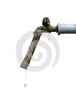 Leak faucet, Water drop at the old tap isolated on white background, Concept to save water on the World water day
