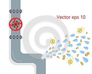 Leakage from the pipeline of water, liquid, damage. Gap, crash is a crack in the plumbing. Concept money is lost due to breakage.
