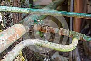 Leakage of water through an old rusty pipe in the garden.