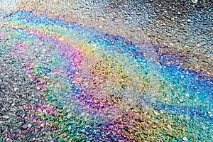 Leaked Gasoline Oil Slick or Petrol Rainbow Enviromental leak On Tarmac Road