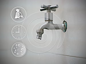 Leaking, broken, ruined water tap, valve in a bathroom with icons of its consequences -  losing money, wasting time, and could