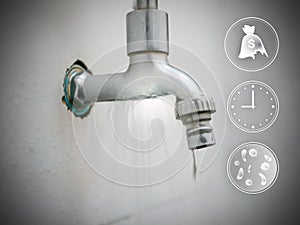 Leaking, broken, ruined water tap, valve in a bathroom with icons of its consequences -  losing money, wasting time, and could