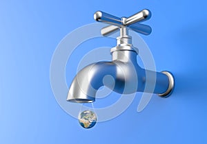 Leaking Faucet and earth planet in drop of water