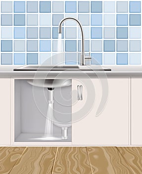 Leaking water pipe, plumbing accident vector illustration