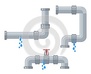 Leaking water pipes. Broken steel and plastic pipeline with leakage, leaking valve, dripping fittings vector set
