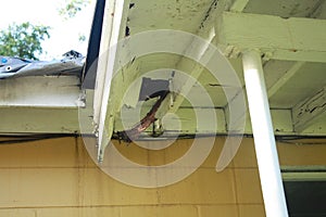 Leaking water stained wall sagging rotting porch soffit and facia destroyed.