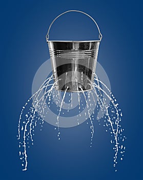 Leaky bucket with water on background