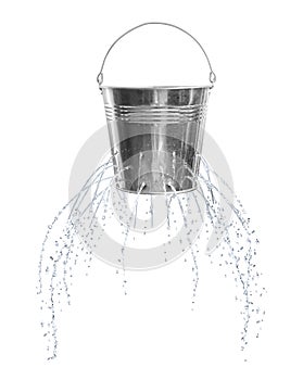 Leaky bucket with water isolated photo