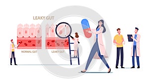 Leaky Gut Syndrome. Tiny Doctors Presenting Difference Healthy and Inflamed Intestinal Cells. Gastrointestinal Tract