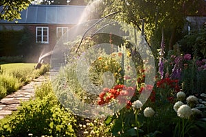 leaky hose creating mini rainbow in sunny garden