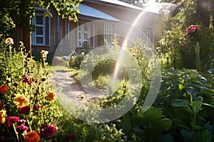 leaky hose creating mini rainbow in sunny garden
