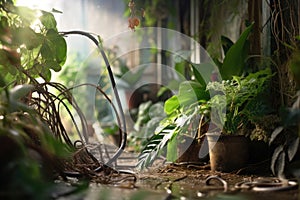 leaky hose with various plants in soft focus