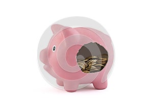 Leaky piggy bank with coins isolated on white background