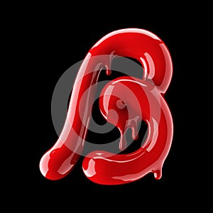 Leaky red alphabet on black background. Handwritten cursive letter B.