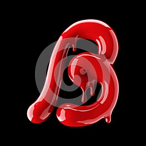 Leaky red alphabet on black background. Handwritten cursive letter B. photo