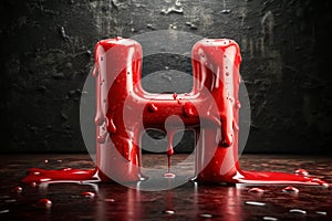 Leaky red alphabet on black background. Handwritten cursive letter H. 3d rendering photo