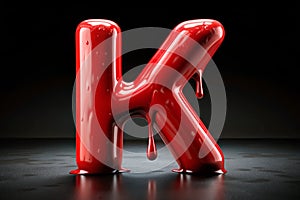 Leaky red alphabet on black background. Handwritten cursive letter K. 3D rendering
