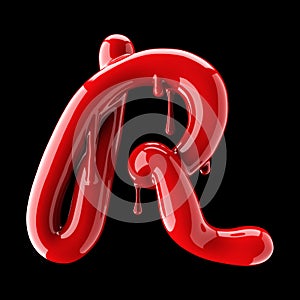 Leaky red alphabet on black background. Handwritten cursive letter R.