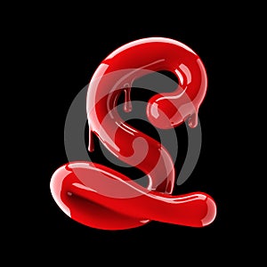 Leaky red alphabet on black background. Handwritten cursive letter S.