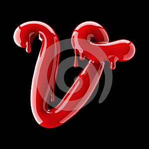 Leaky red alphabet on black background. Handwritten cursive letter V.