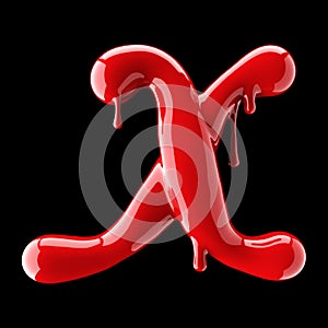 Leaky red alphabet on black background. Handwritten cursive letter X.