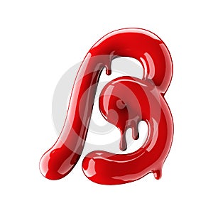 Leaky red alphabet isolated on white background. Handwritten cursive letter B. photo